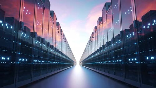 Une longue rangée de serveurs informatiques sur fond de ciel bleu. Concept de données de cloud computing