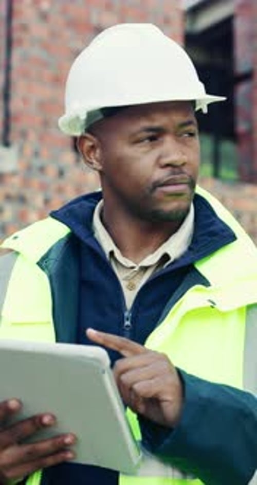 Tablet, black man and thinking on construction site with planning for building