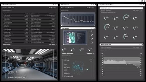 Spacecraft Digital Dashboard Displaying Mars Colony Management Graphs