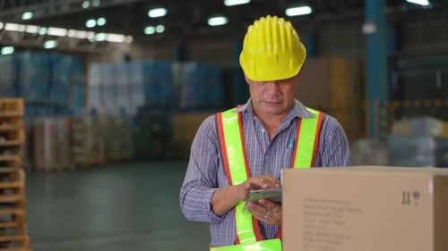 Asian warehouse worker use tablet to check the product the other co-worker bring ducument file