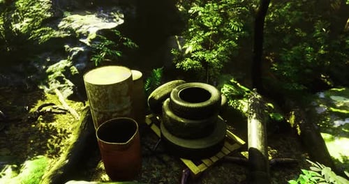 Junk Scattered in a Lush Forest Setting on a Sunny Day