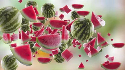 Burst of Watermelon and Watermelon Slices in Garden Green Nature Background