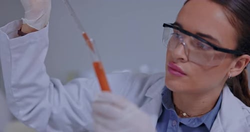 Science, chemistry and pharmacy with woman in laboratory for medical, research and analysis