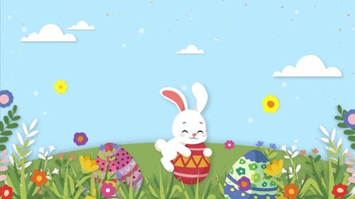 Animated Easter Bunny and Eggs in a Vibrant Spring Landscape