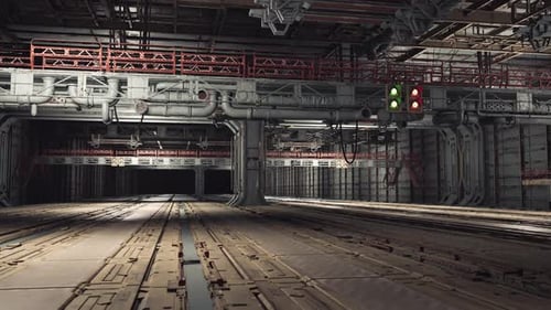 Closeup of Workshop Corrosion Work Bay with Pipes and Rusted Panels