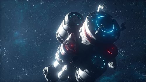 Futuristic Spaceship Flying Through Asteroid Field in Deep Space