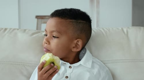 Boy Eating Green Apple on Sofa Indoors