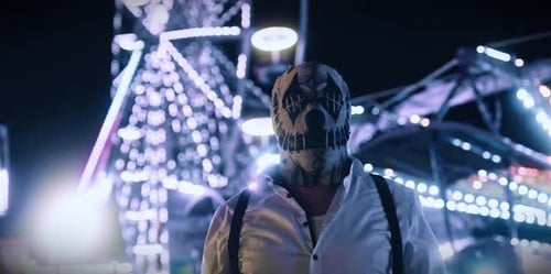 Masked Figure in Dark Carnival Setting