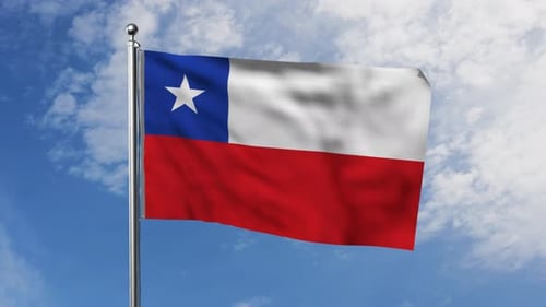 Waving Chile Flag on Pole Against Blue Sky