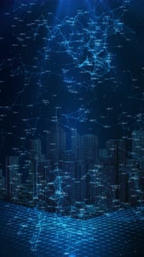 Digital Artificial Intelligence Network Over Futuristic City Skyline Smart City Abstract Polygon