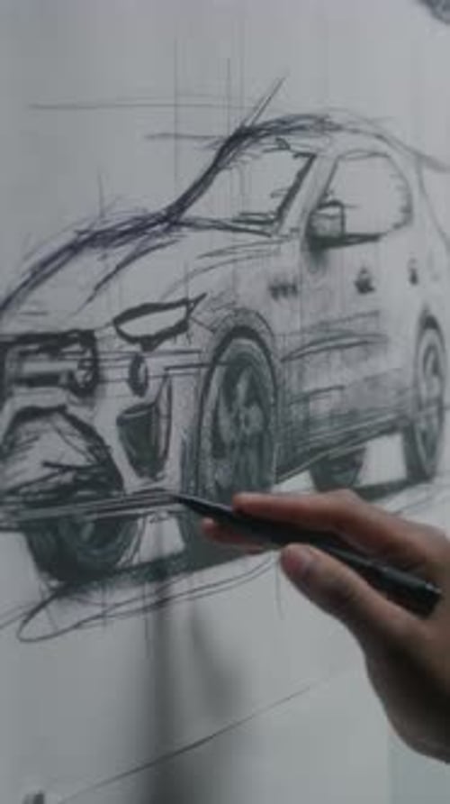 Designer zeichnet neue Autoskizze mit Marker