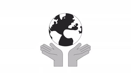 Hands Holding Planet Globe Bw Outline 2D Animation