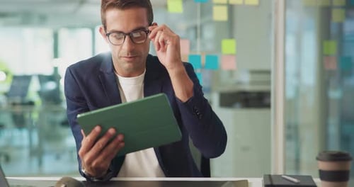 Tablet, thinking and business man problem solving, planning and reading email in office