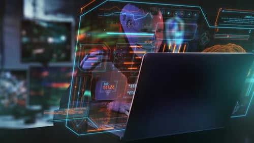 Programmer Working with Futuristic Interface and Digital Data Analyzing Software