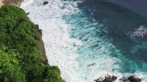 Drone View of Beautiful Footage Turquiose Sea Waves Breaking on Sandy Coastline Aerial Shot of