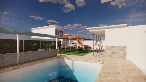 Modern poolside retreat with white buildings and blue pool