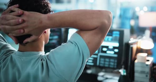 Relax, back and coding with person and computer for software developer, programmer update