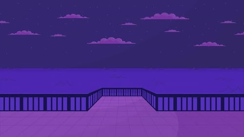 Animación de dibujos animados en el muelle por la noche