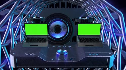 3D Laptop mockup with green screen in the background of future technology