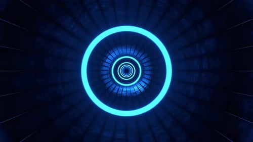 An endless VJ tunnel of round blue neon lights approaches the viewer. Seamless animation.