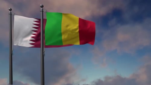 Realistic Waving Flags of Qatar and Mali on Flagpoles