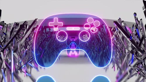 Neon Game Controller With Futuristic Crystal Tunnel Animation