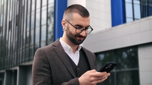 Smiling Fashion Business Man Boss Employee Browsing Smartphone Application Downtown Office Street