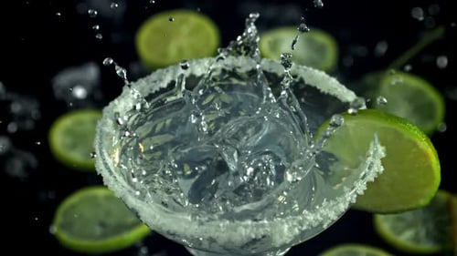 Ice Falls Into a Margarita Cocktail Filmed on a Highspeed Camera at 1000 Fps