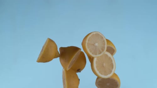 Sliced Lemons Falling in Slow Motion on Blue