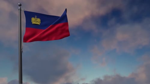 Liechtenstein Flag Waving in the Wind with Cloudy Sky Background