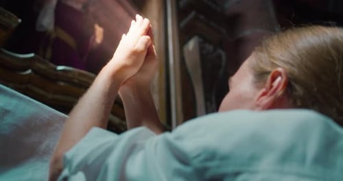 Woman Raised Her Hands to Heaven in Worship to God in Church Folded Hands in Prayer