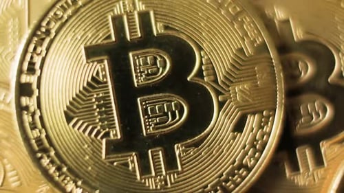 Close Up of Gold Bitcoin Cryptocurrency Coins