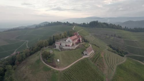 Aerial view of a beautiful building in the middle of vineyards