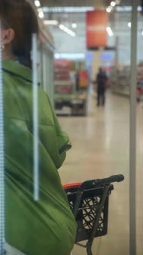 Woman Choosing Frozen Food Using Smartphone in Supermarket