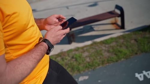 Close Up Jogging Man Using Smartphone After Running Sport Activity Mob App Tracker Speed