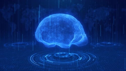 Rotating Futuristic Glitch Brain with Falling Binary Rain and HUD World Map Background