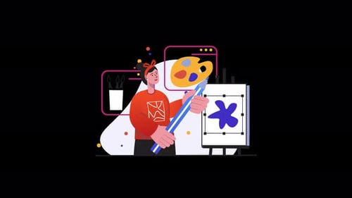 Artist creating a colorful painting in a digital environment