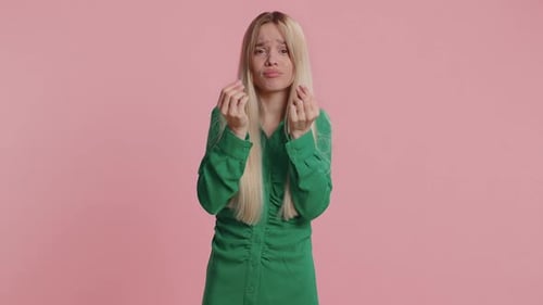 Woman Rubbing Fingers Show Cash Gesture Demands to Pay Back the Debt Take Loan Do Shopping Begging