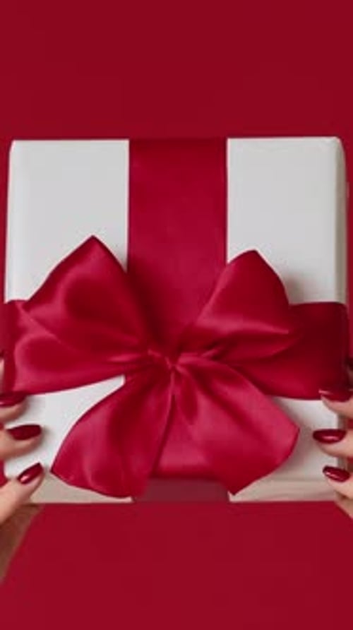 Hands Holding a Gift Box with Red Bow