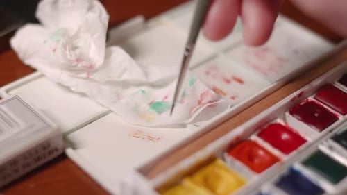 Hand Wiping The Paint Brush Into White Tissue. - Close Up
