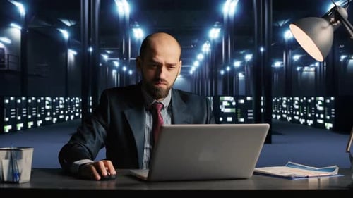 Geschäftsmann benutzt Laptop im Serverraum