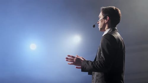 Speech of Business Man Employee at Business Conference for Office Workers Speaker Talks to Audience