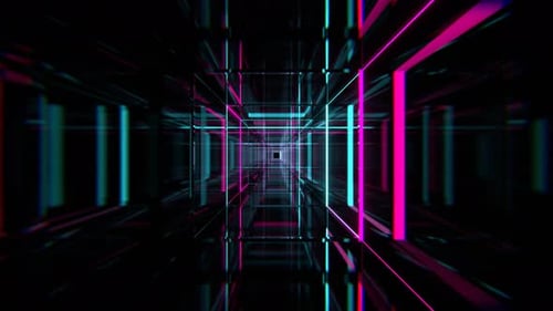 Cyan And Pink Square Neon Tunnel Background VJ Loop l 4K