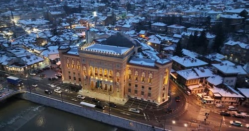 Sarajevo City Hall or National Library in Town Center Aerialhyper Lapse or Time Lapse