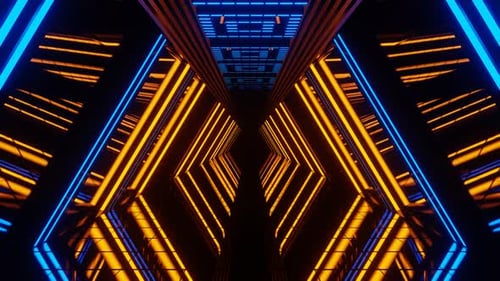 Blue And Orange Neon Futuristic Mirror Corridor Background Vj Loop In 4K