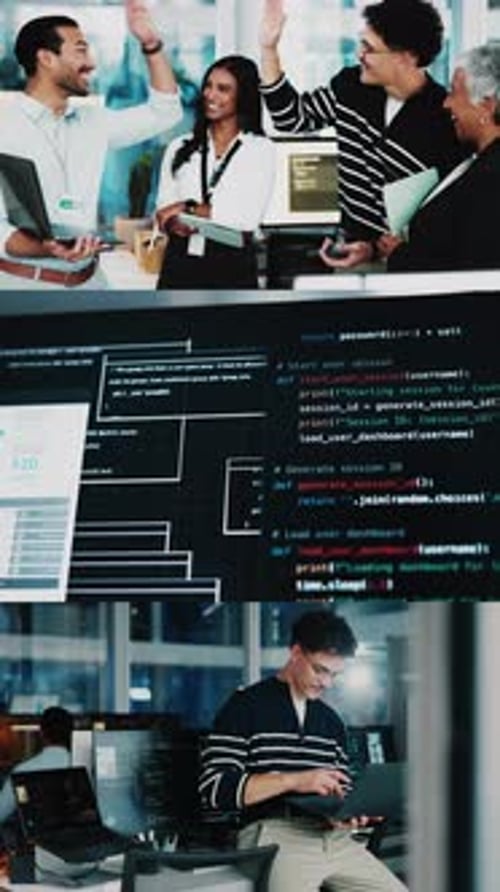 High Five, Serie und Team mit Code im Büro, Lächeln oder Feier für Softwareentwicklung