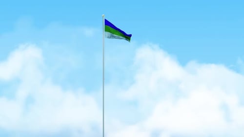3D-Render-Animation mit Flagge von Komi, die auf einer Stange mit blauem Himmel weht
