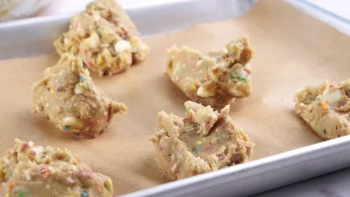 Baking confetti sugar cookies and placing them on a baking sheet. Making cookies and placing the bat