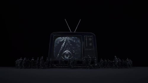 Horror Glitch TV Screen Animation with Creepy Crowd