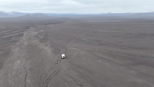 Aerial view of camper in highlands, Iceland.